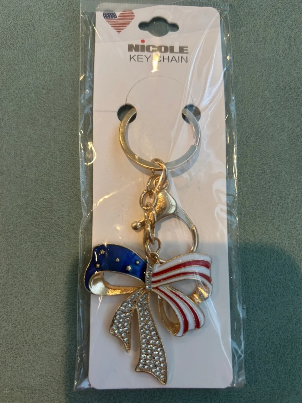 Nicole Gold-tone Patriotic Bow Keychain with Red, White & Blue Enamel